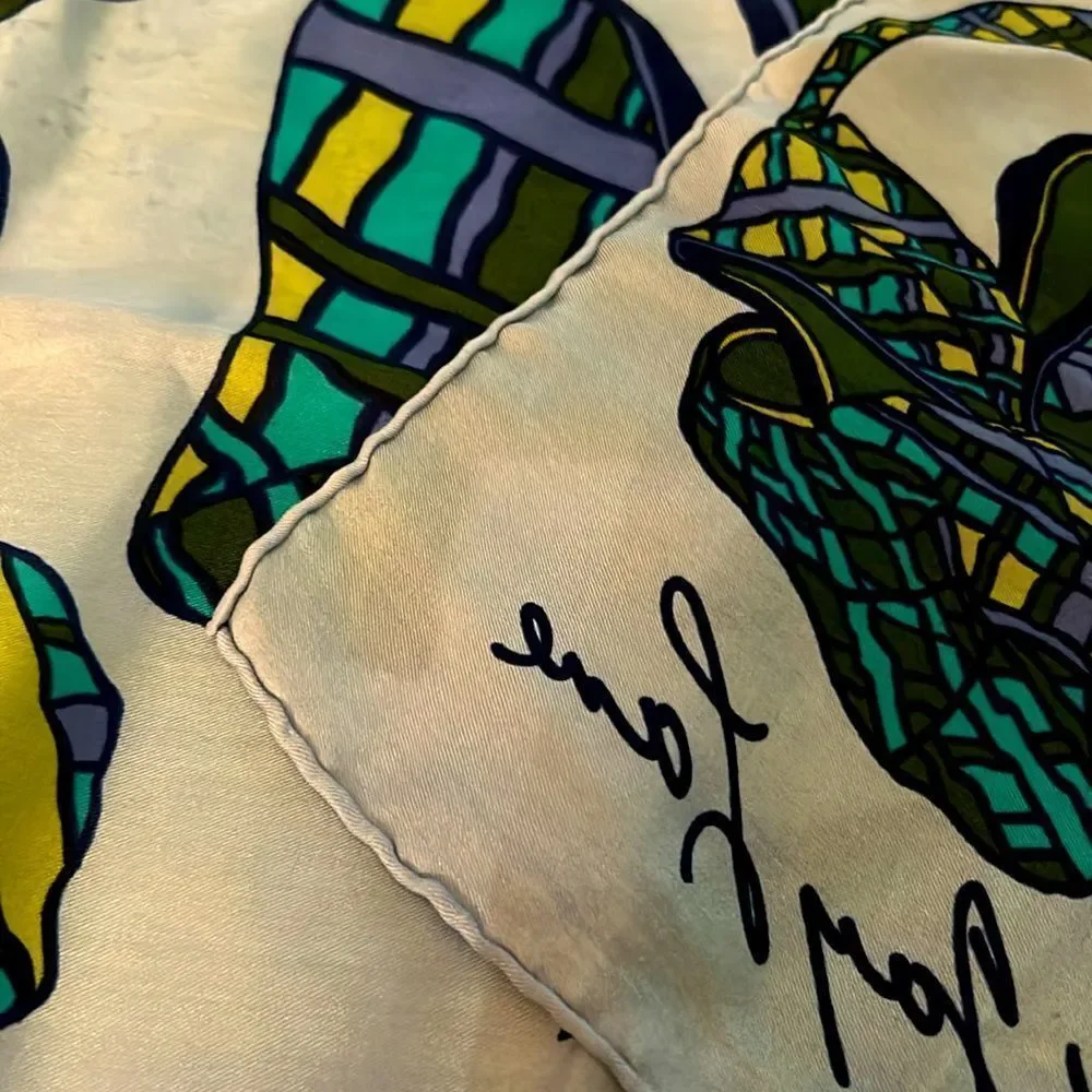 Kenneth Jay Lane silk Blue and Green Bow Scarf